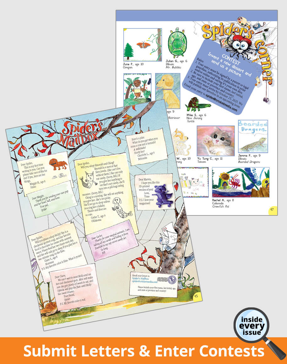 Two pages of children's letters and illustrations on a white background.