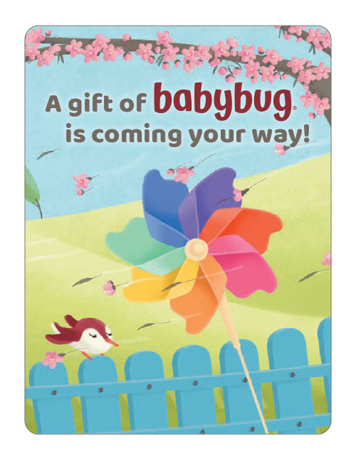 Card with colorful pinwheel, bird, and cherry blossoms with text 'A gift of babybug is coming your way!'.
