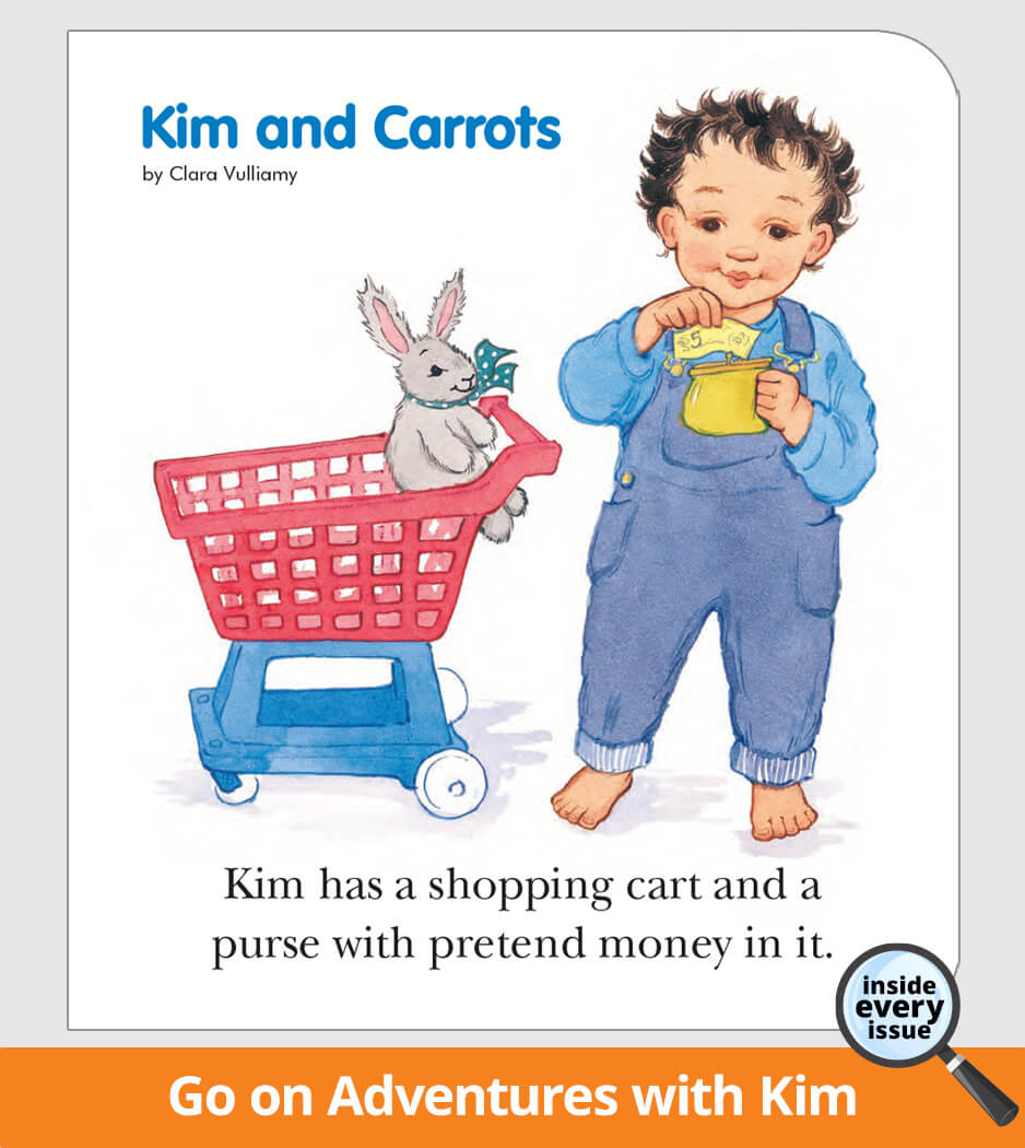 'Kim and Carrots' with a child and shopping cart illustration.