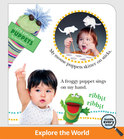 Children playing with puppets and text about exploring the world.