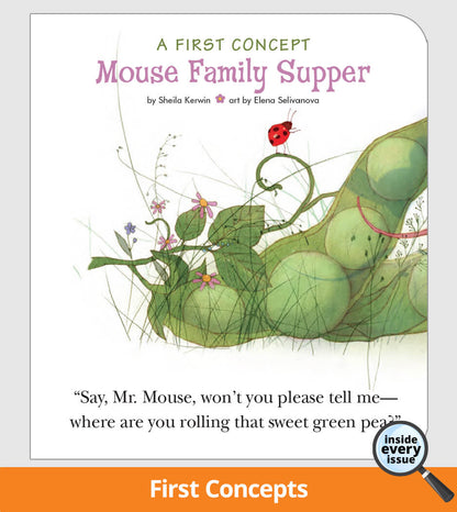 'Mouse Family Supper' with green peas and a ladybug on a white background