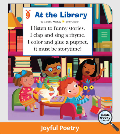 'At the Library' with children at a table in a library setting.