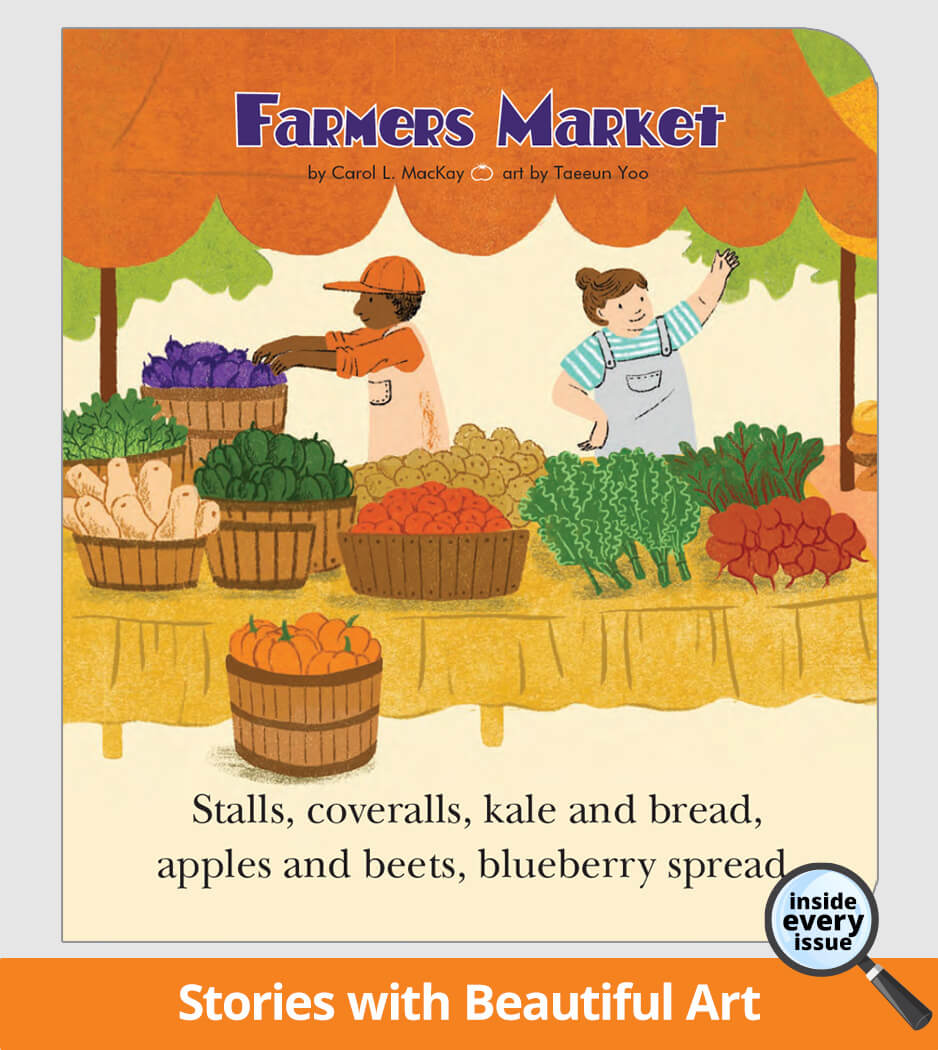 'Farmers Market' with illustration of a farmers market scene.