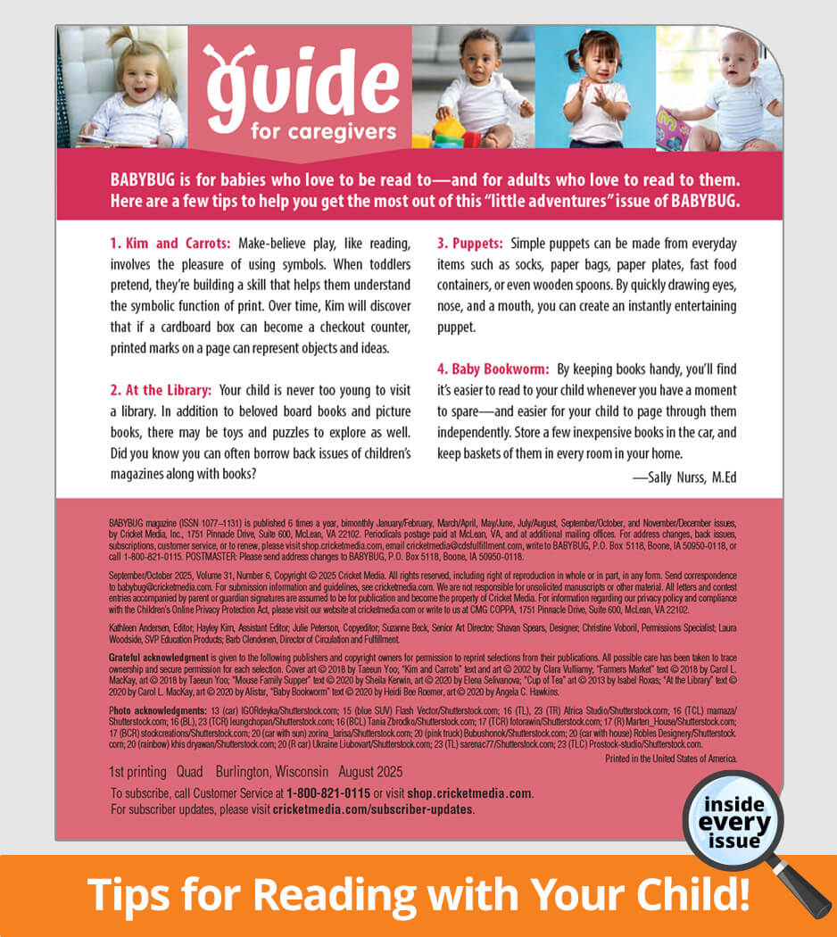 'Guide for Caregivers' with tips on reading with children, featuring images of babies.