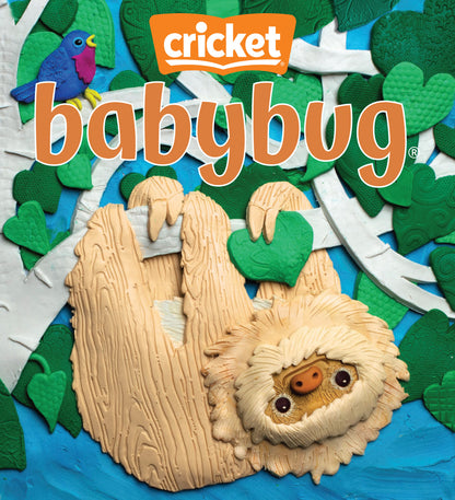 'Babybug' magazine featuring a sloth hanging from a tree full of green leaves.