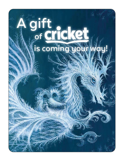 Gift announcement with dragon design and text 'A gift of cricket is coming your way!' on a blue background