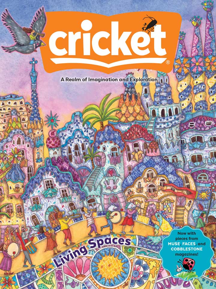 'Cricket' magazine with a fantasy village illustration.
