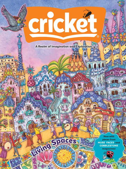 'Cricket' magazine with a fantasy village illustration.