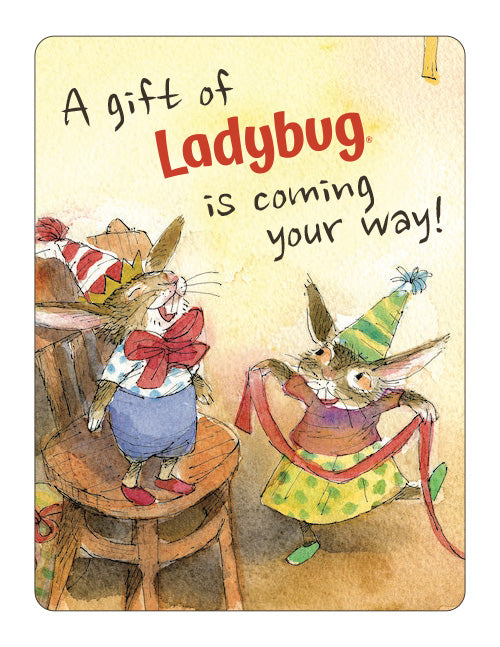Illustration of two animated characters with text 'A gift of Ladybug is coming your way!' on a yellow background