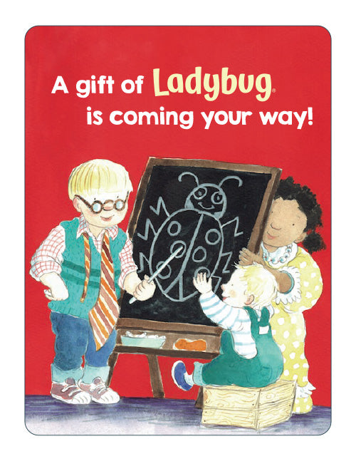 Gift announcement with two children drawing a ladybug on a red background