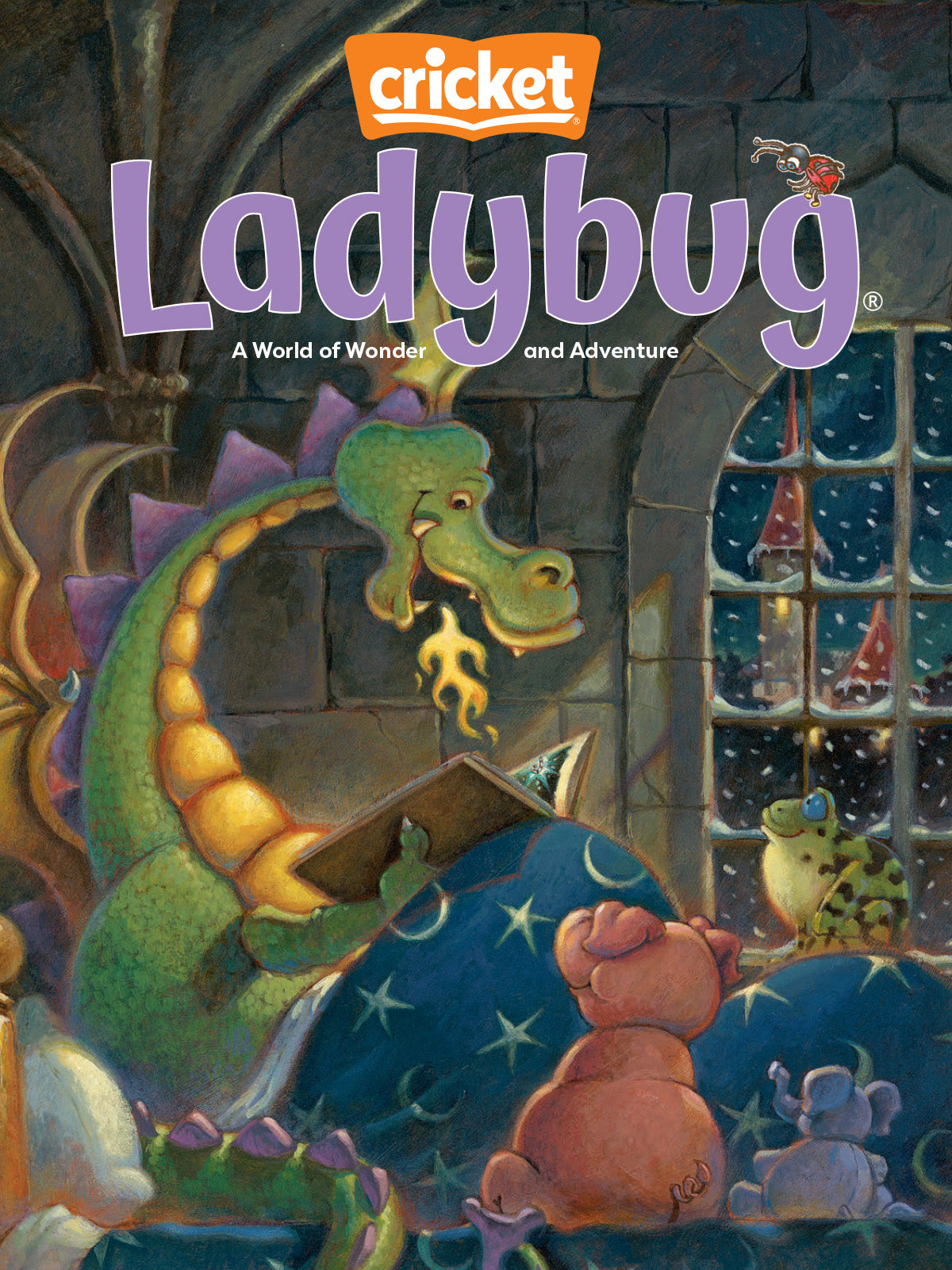 Cover of 'Ladybug' magazine with a dragon and a bear reading a book in a fantasy setting.