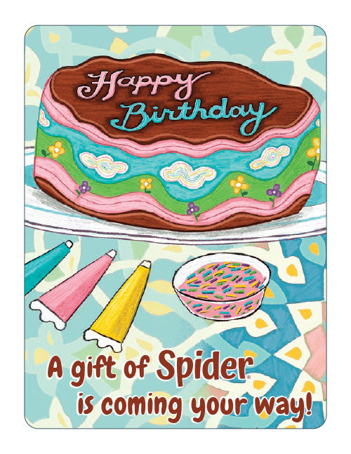 Gift announcement with a cake illustration and humorous text on a colorful background