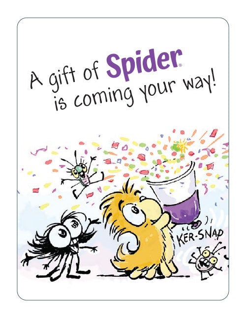 Cartoon illustration of a lion and spider with confetti and text 'A gift of Spider is coming your way!'