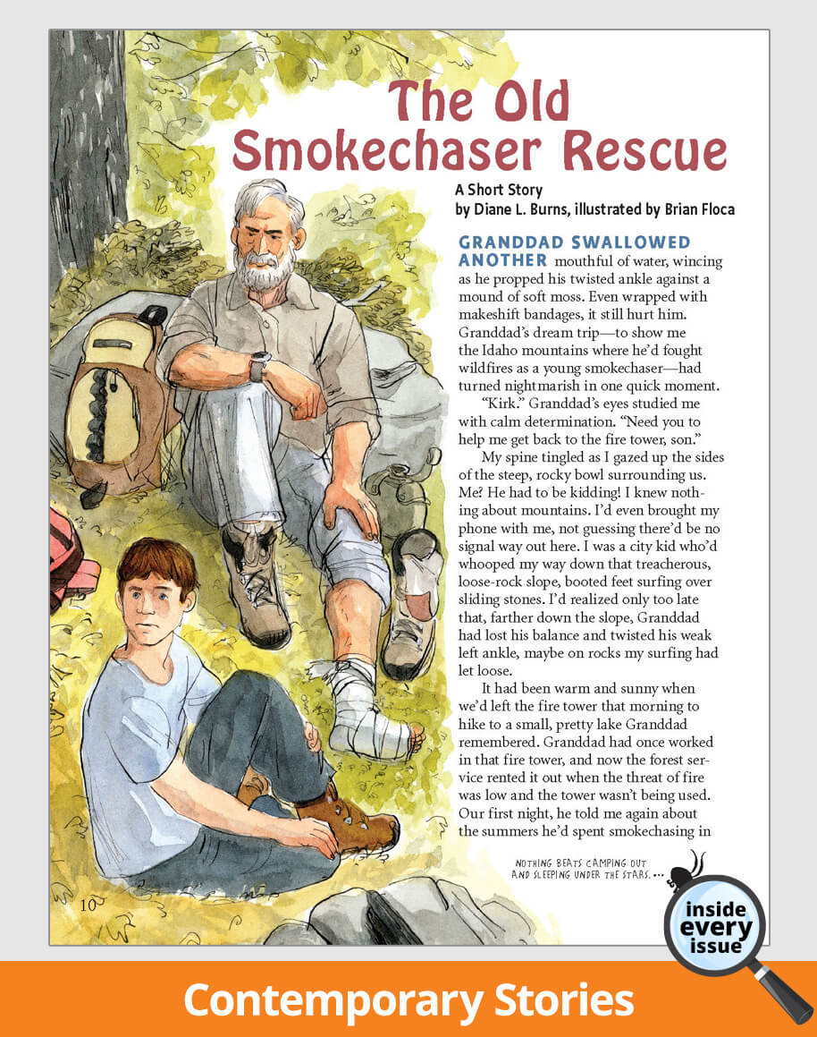'The Old Smokechaser Rescue' with illustration of a boy and his grandfather.