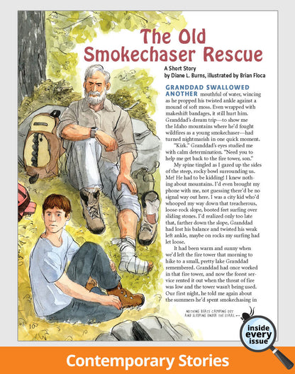 'The Old Smokechaser Rescue' with illustration of a boy and his grandfather.