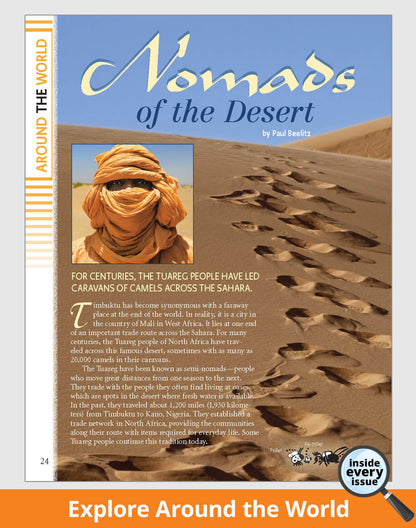 'Nomads of the Desert' with a person in desert attire and text.