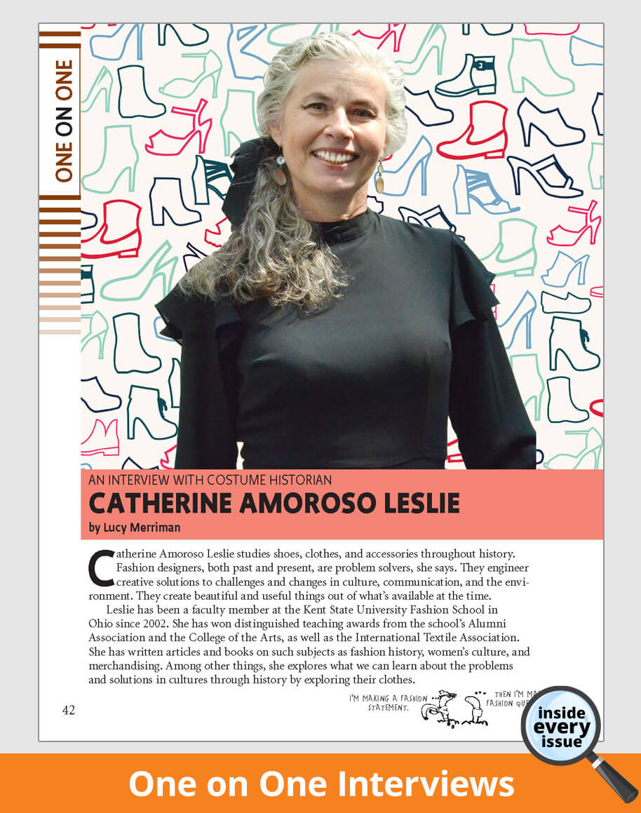Woman in black top with colorful patterned background, featuring text about Catherine Amoroso Leslie.