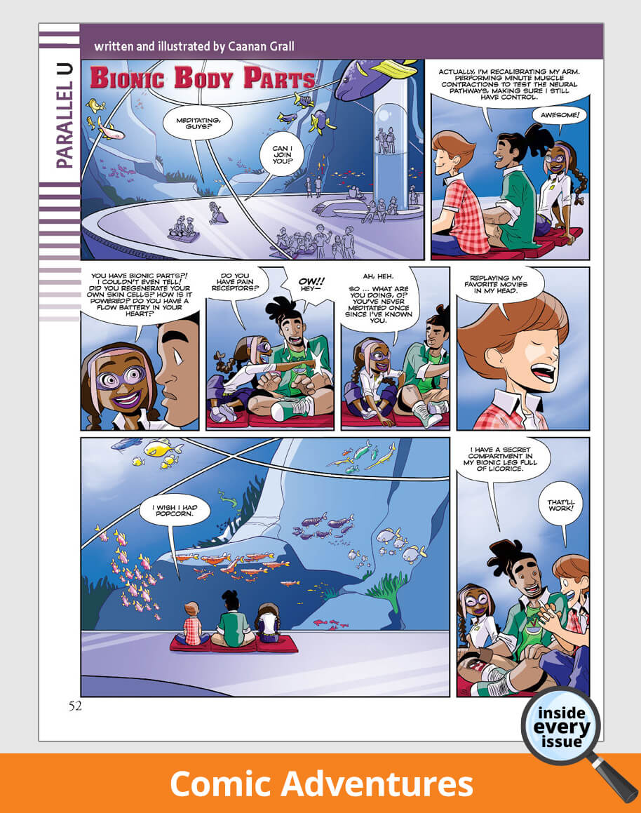 Comic page from 'Bionic Body Parts' with colorful illustrations and text bubbles.