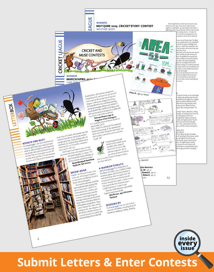 Magazine pages with cricket-themed contests and a bookshelf image on a white background.