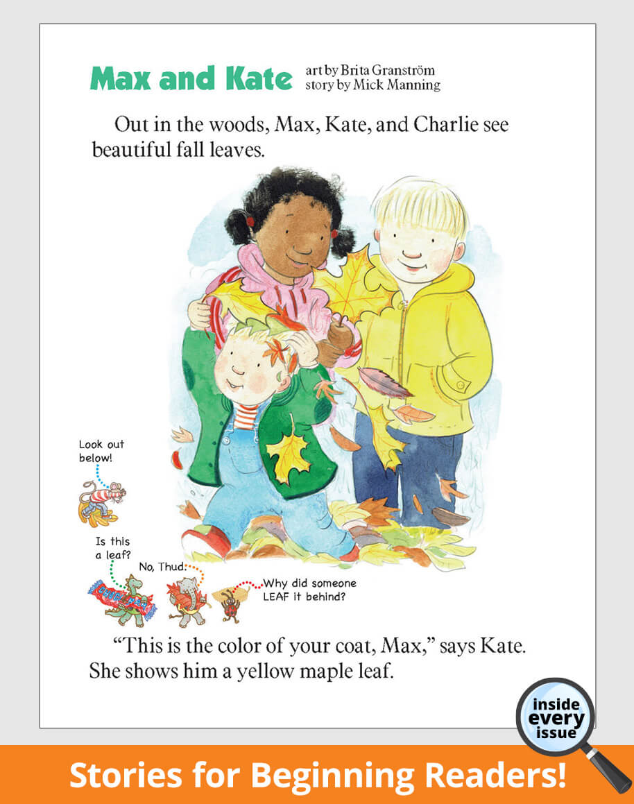 'Max and Kate' with children playing in a pile of fall leaves.