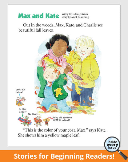 'Max and Kate' with children playing in a pile of fall leaves.