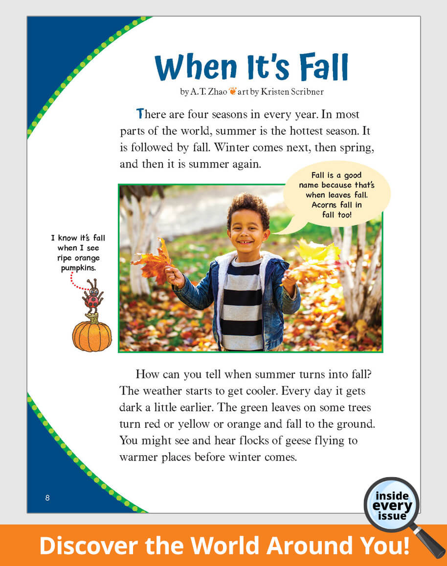 Article about fall with a photo of a child holding leaves.
