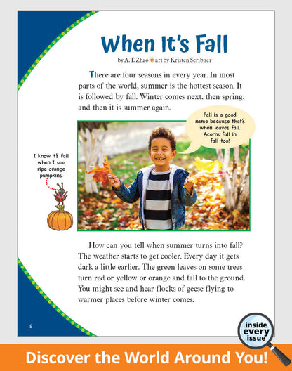 Article about fall with a photo of a child holding leaves.