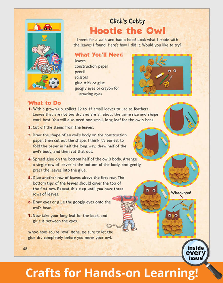 Children's craft activity sheet with owl design and step-by-step instructions.
