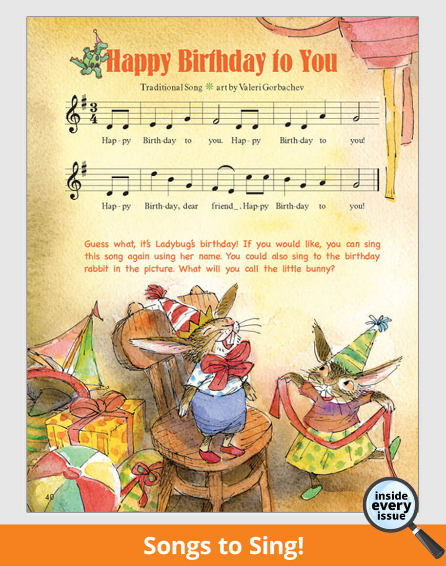 Sheet music for 'Happy Birthday to You' with illustration of rabbits in party hats.