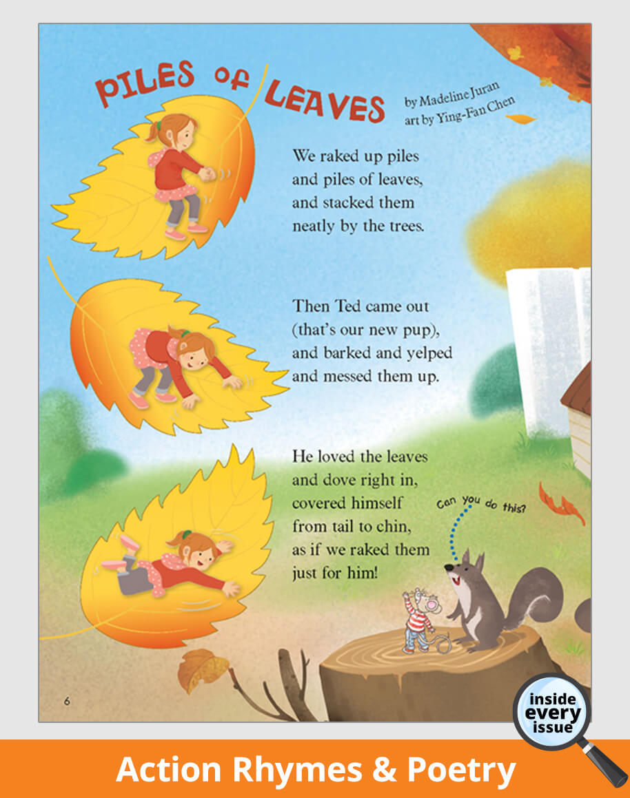 Illustrated page about piles of leaves with text and graphics.