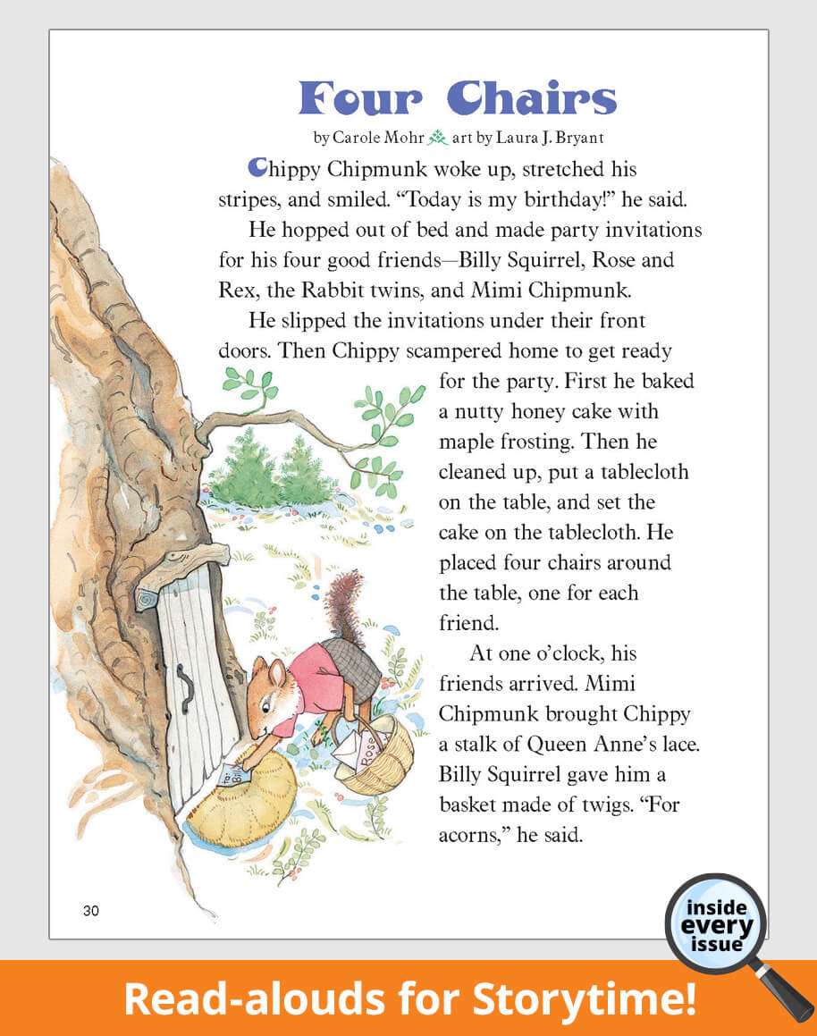 'Four Chairs' with a squirrel character and text.