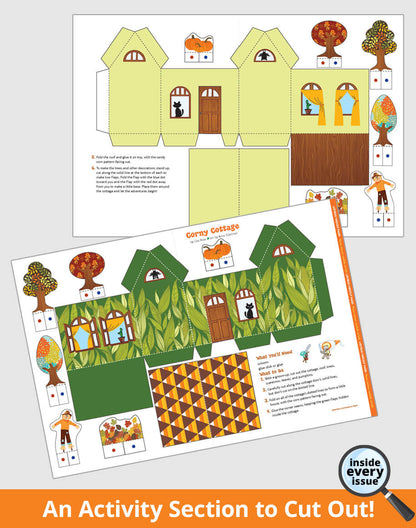 Paper craft house model with cut-out pieces and instructions.