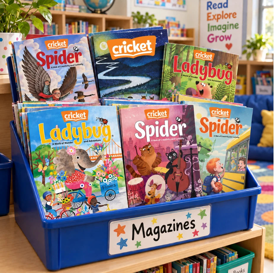 Classroom bin labeled Magazines holding LADYBUG, SPIDER and CRICKET issues, under a Read, Explore, Imagine, Grow sign